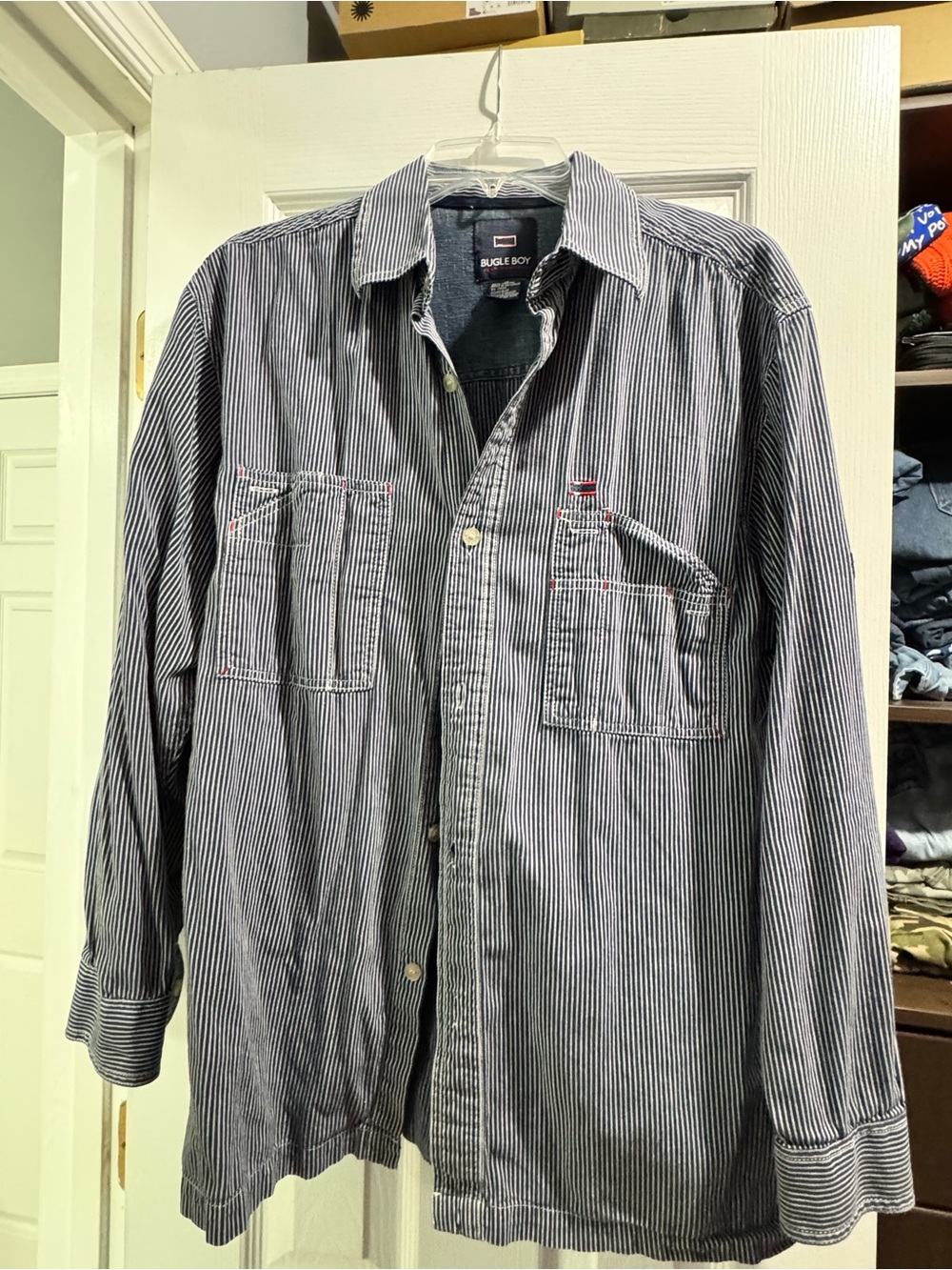 Bugle Boy Navy and White Pinstripe Long-Sleeve Button Shirt